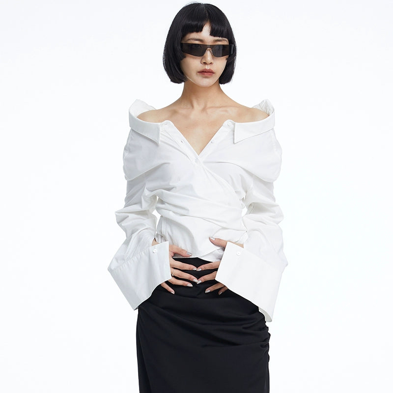 TINY IN white lace-up shirt one and two wear off-the-shoulder loose shirt -MEL