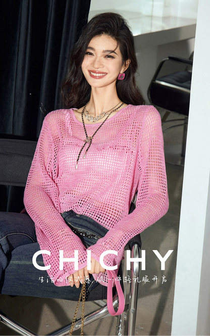 CHICHY long-sleeved cut-out gradient blended pink wool knit chic top-JARVIS