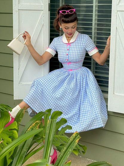 Le Palais Vintage Blue Plaid Waist Swing Skirt Puffy Skirt-SEM