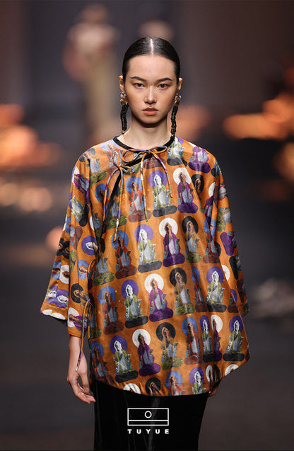 TUYUE Dunhuang mural printed Chinese morning long-sleeved robe- BENNY.