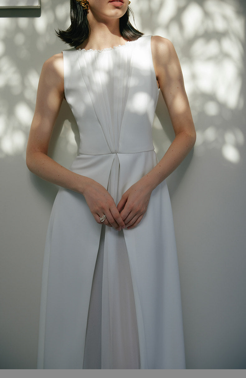 GOUDIN white long engagement outdoor light simple evening dress-TAB.