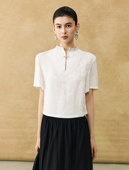 HECO Chinese Flower Embossed Disc Buckle Short Sleeve T-Shirt - BOND.