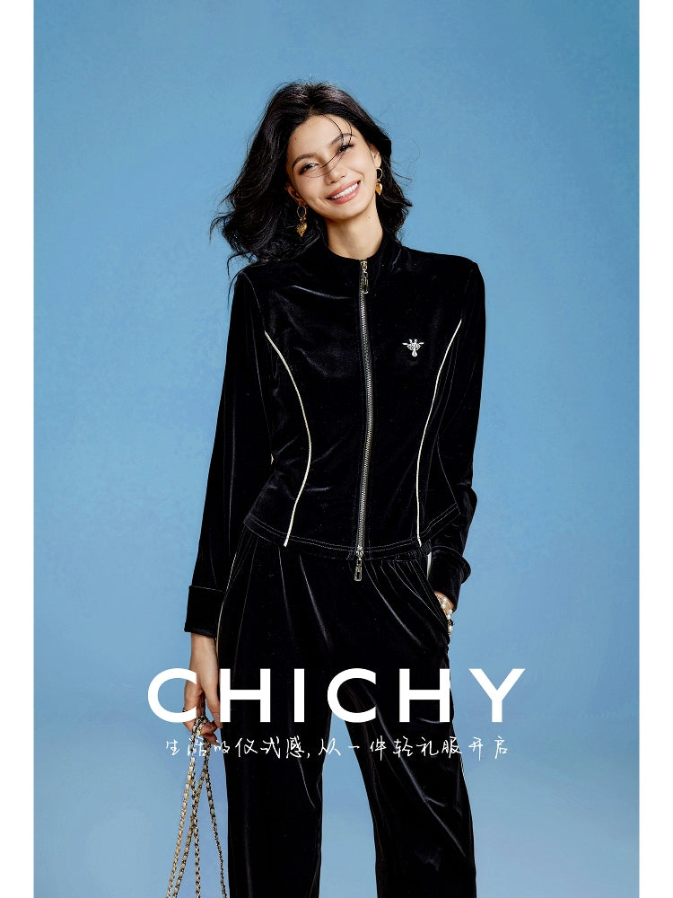 CHICHY slimming classic retro socialite style black velvet two-piece set-ADORA.