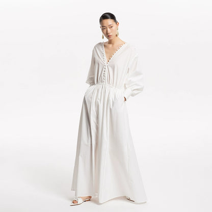 LEDIM W French V-Neck Breasted Waist Slim Summer white dress- Kaio