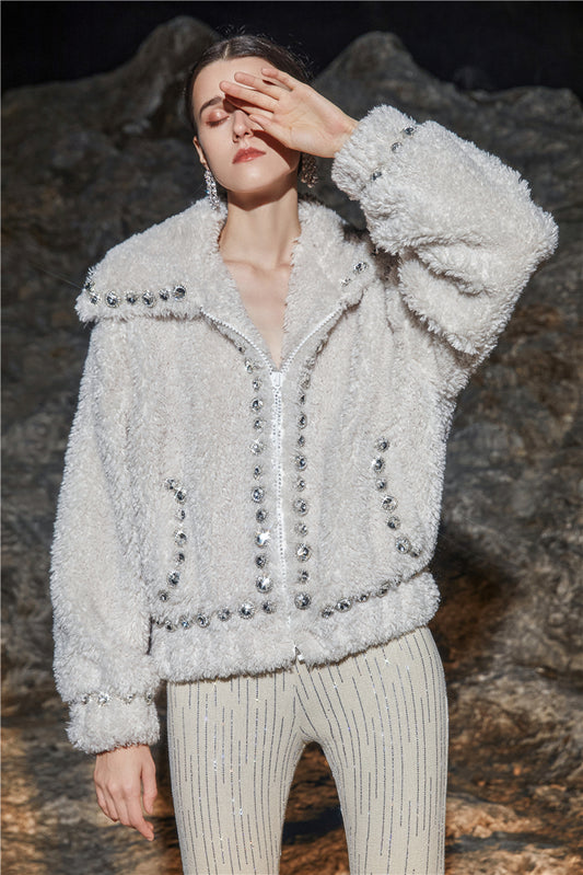 Ward Robe By Chen Beige V-Neck Long Sleeve Medium Wool Coat-Chen