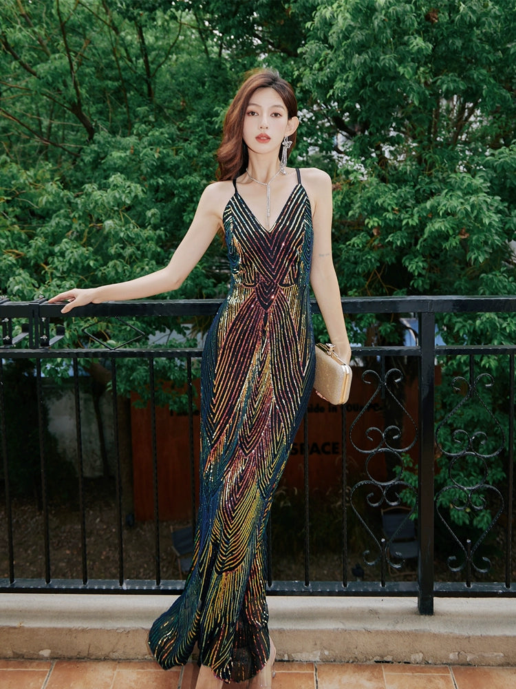 DOLLY Elegant Colorful Black Sleeveless Sequin Long Suspender Banquet Dress-LUNE