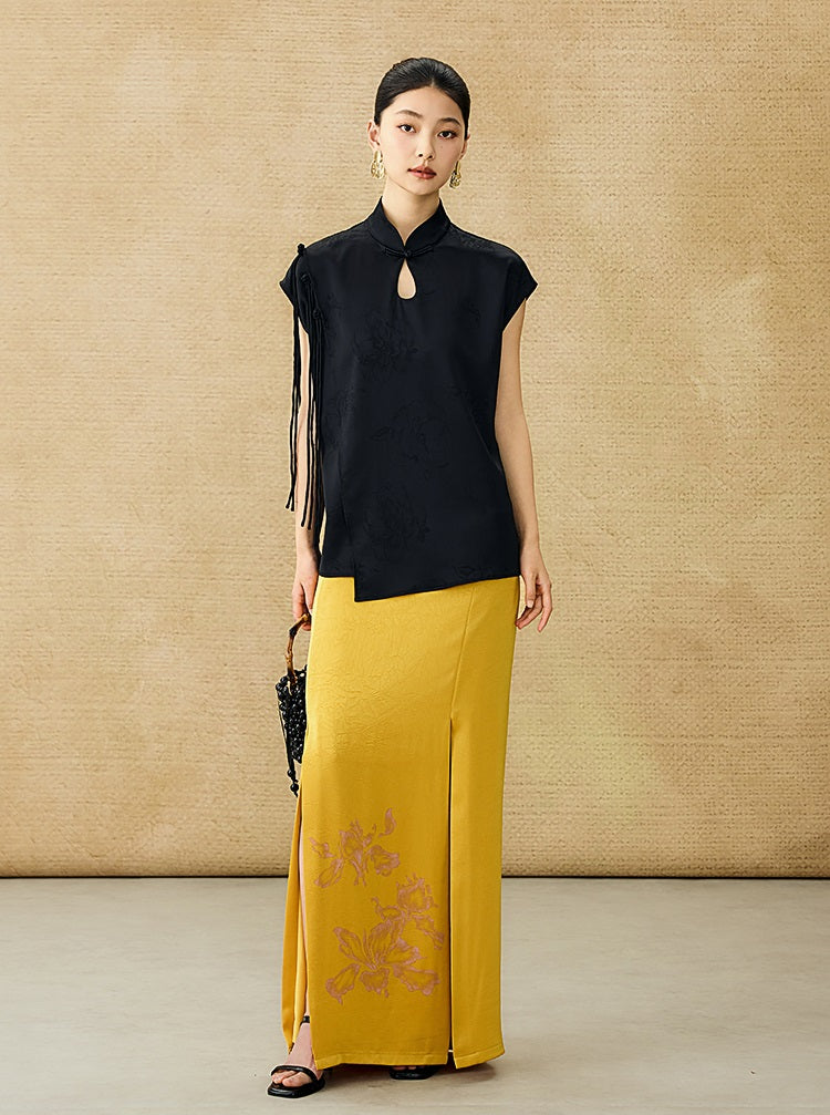 HECO Chinese Peony Buckle Short Sleeve Acetate Tassel Top - TEACH .