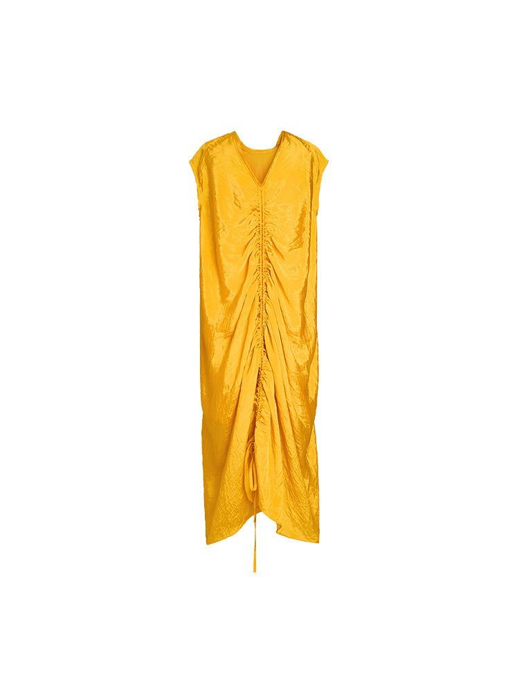ZHUCHONGYUN yellow cocoon loose shirred V-neck dress-FAND.