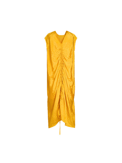 ZHUCHONGYUN yellow cocoon loose shirred V-neck dress-FAND.