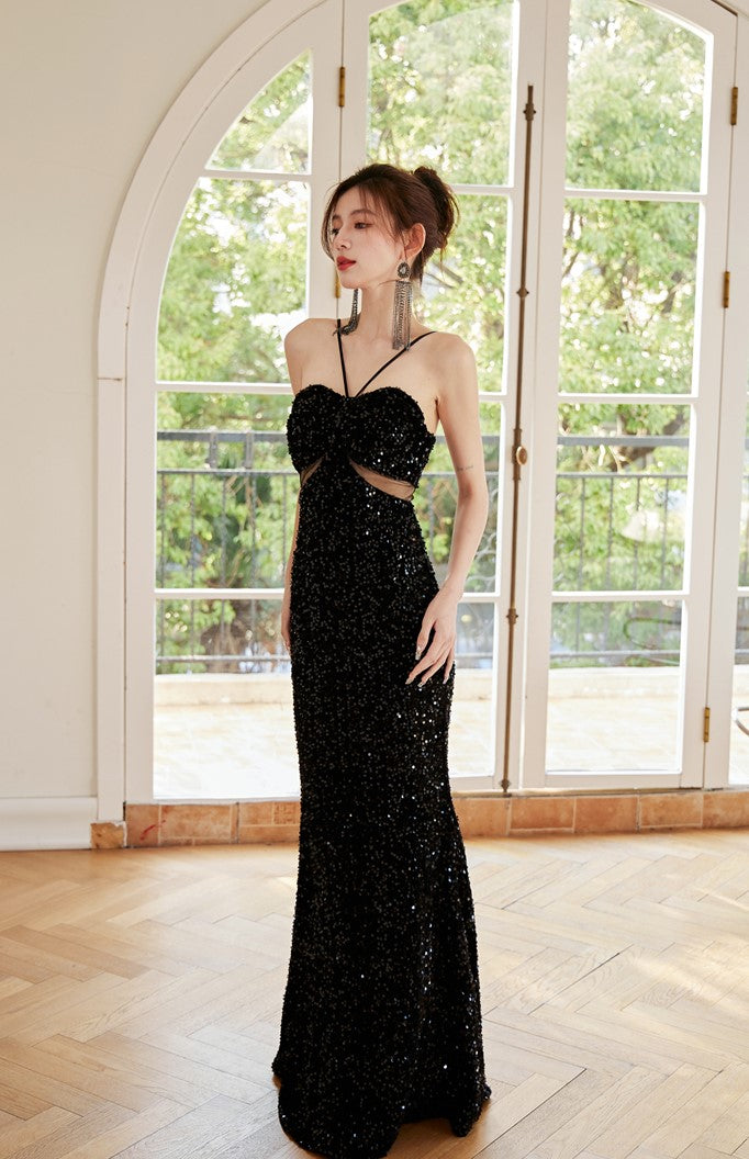 DOLLY Elegant Sequined Hollow Halter Neck Long Evening Dress-OLIVE