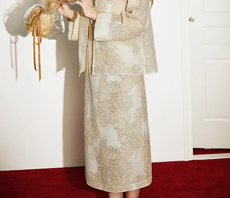 CHICHY mulberry silk national style embroidery jacquard top long skirt set-DINA