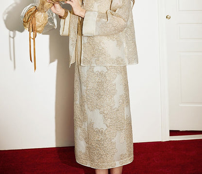 CHICHY mulberry silk national style embroidery jacquard top long skirt set-DINA