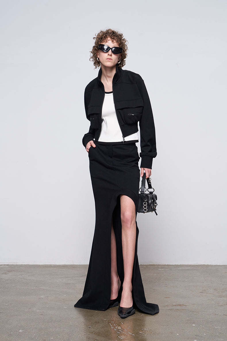 ANNAKIKI Designer Curved Casual Sweat Slit Maxi Skirt-FUKU