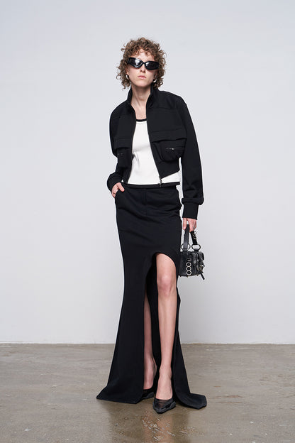 ANNAKIKI Designer Curved Casual Sweat Slit Maxi Skirt-FUKU