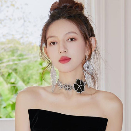 DOLLY Elegant Black Big Flower Diamond Chocker Chic Necklace-AMAL