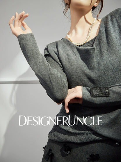 DGU "Ye Ni" gray wool knitted sweater versatile commuter slimming design top - Dylan.