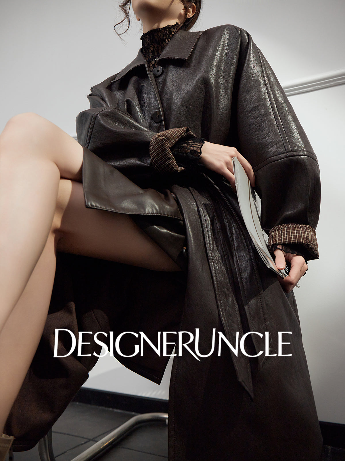 DGU|Tan leather loose slimming high-end mid-length leather jacket - Louisa.