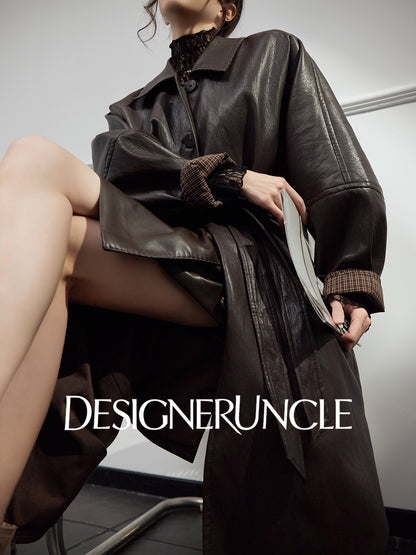 DGU|Tan leather loose slimming high-end mid-length leather jacket - Louisa.