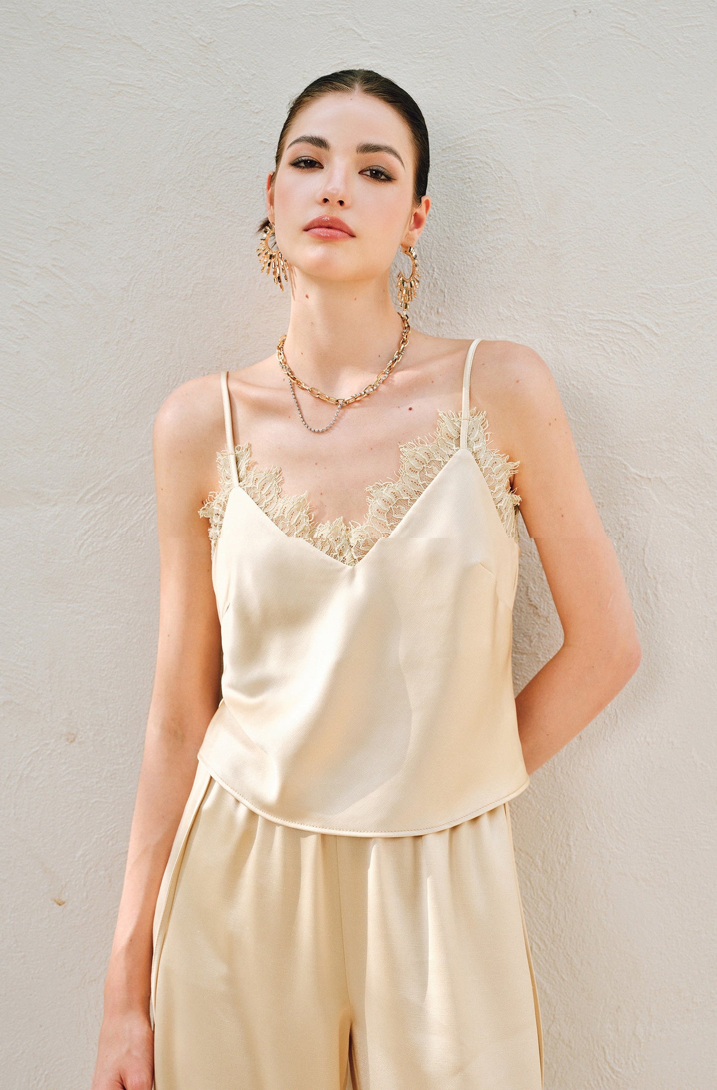 WANGXO | Hemp-Textured Acetate Satin  ight Luxury Lace Suspender, Shirt & Trousers Three-Piece Set- SARI