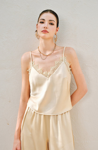 WANGXO | Hemp-Textured Acetate Satin  ight Luxury Lace Suspender, Shirt & Trousers Three-Piece Set- SARI