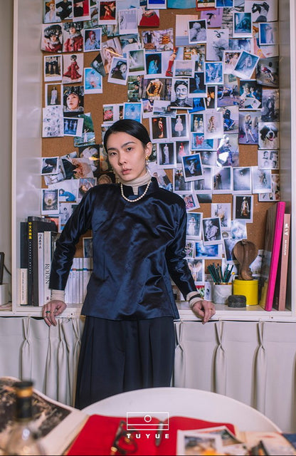 TUYUE Ancient Tailoring Silk Satin Dark Blue Pipa Placket Robe Dress Top- CATHERINE.
