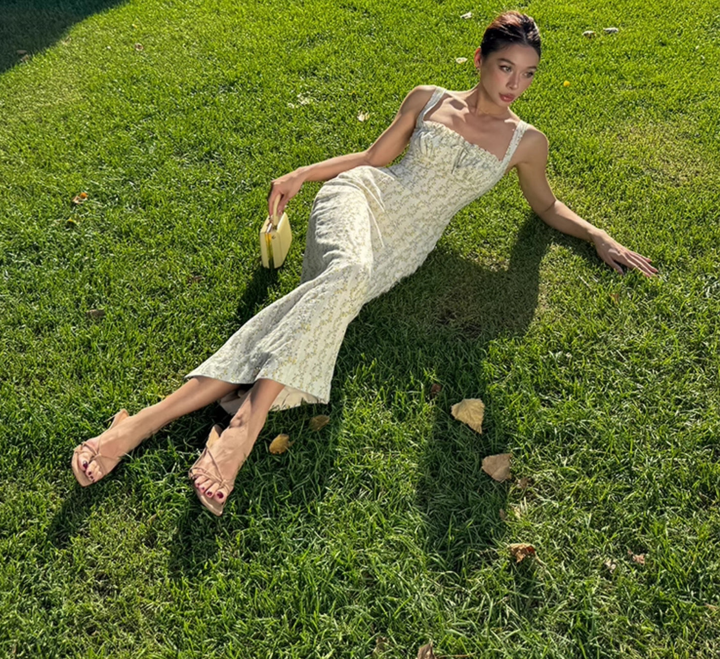 Le Palais Vintage floral goose yellow cotton slim maxi dress-BERRY.