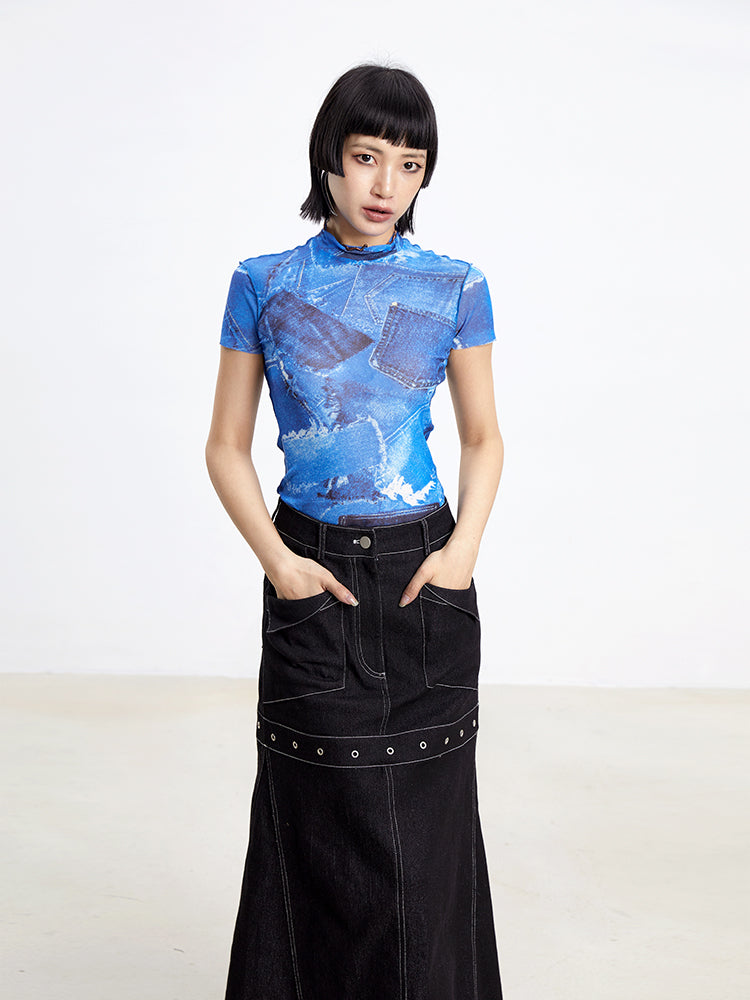 TINY IN denim print sun protection mesh long short sleeve t-shirt -IHU
