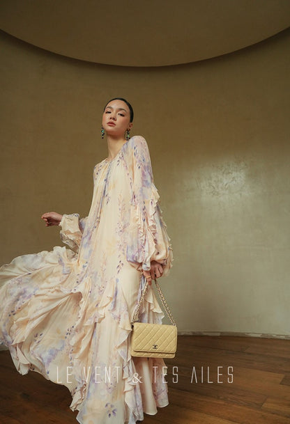 LE VENT&TES AILES floral print silk resort summer vacation maxi dress-GWEN