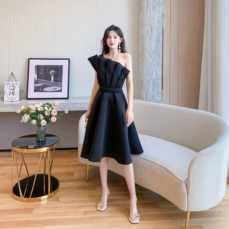 DOLLY Elegant Off Shoulder Pleated Ruffle Tube Top High Wait Midi Dress-LLA