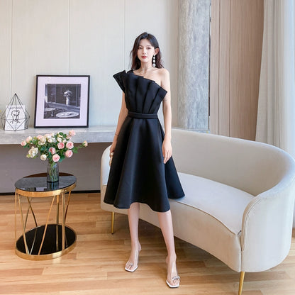 DOLLY Elegant Off Shoulder Pleated Ruffle Tube Top High Wait Midi Dress-LLA