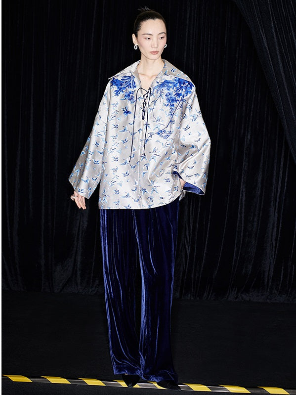 M essential Mackay designer butterfly jacquard blue vine butterfly embroidered top - WIND.