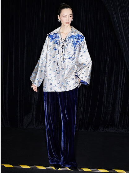 M essential Mackay designer butterfly jacquard blue vine butterfly embroidered top - WIND.