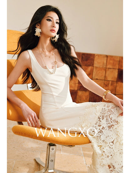 WANGXO High Stretch Knitted Stitching Neckline Slim Fit Three-Dimensional Split Sleeveless Dress - ELISE