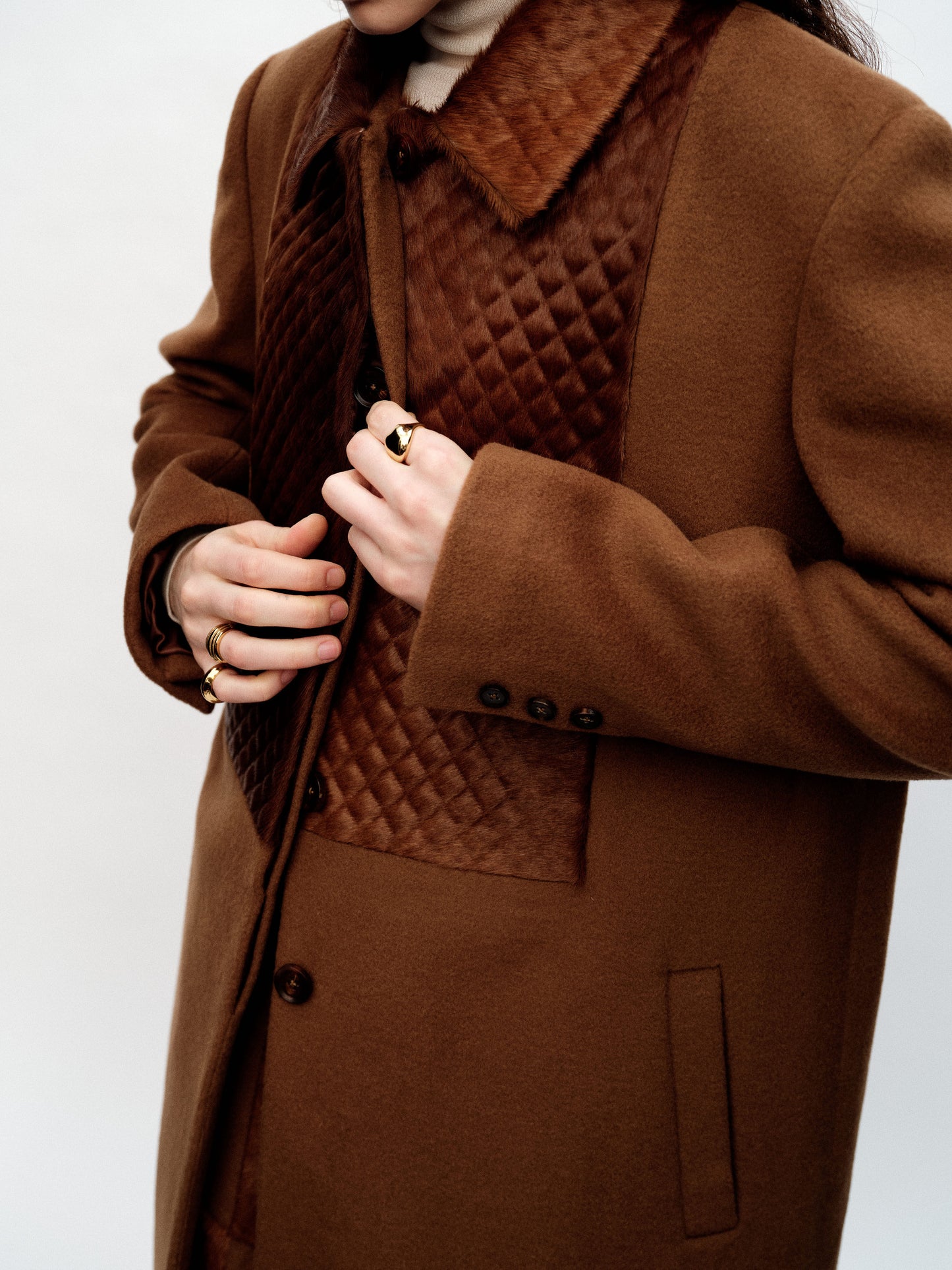 SERRER Coffee-pressed diamond patchwork wool loose classic single-breasted coat - AVA.