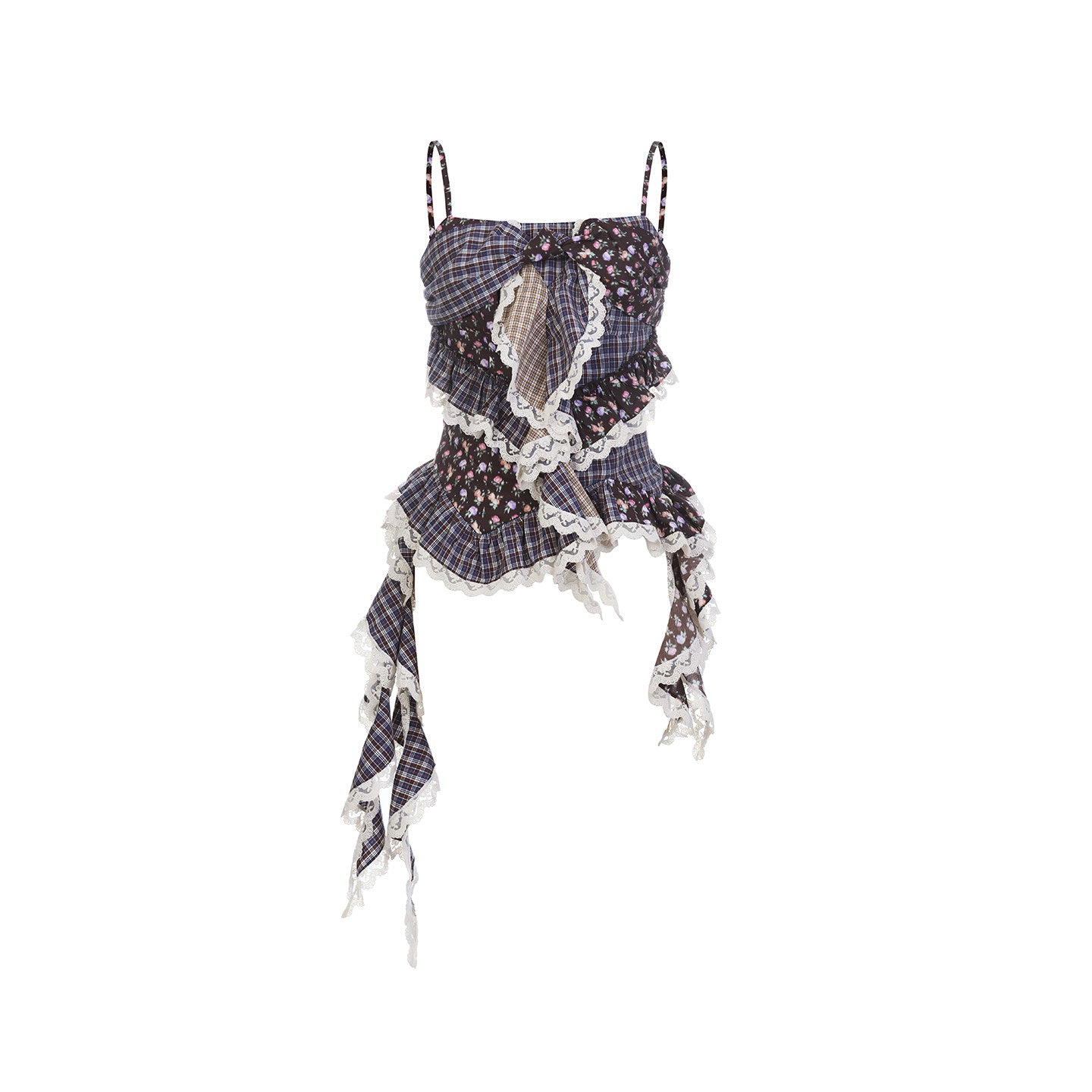 FAME Retro Check Floral Stitching Pastoral Suspender Top - CYNTHIA.