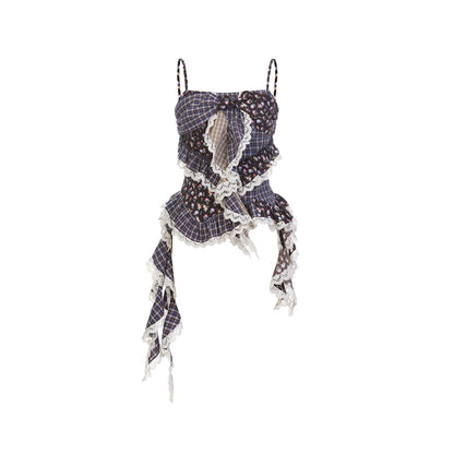 FAME Retro Check Floral Stitching Pastoral Suspender Top - CYNTHIA.