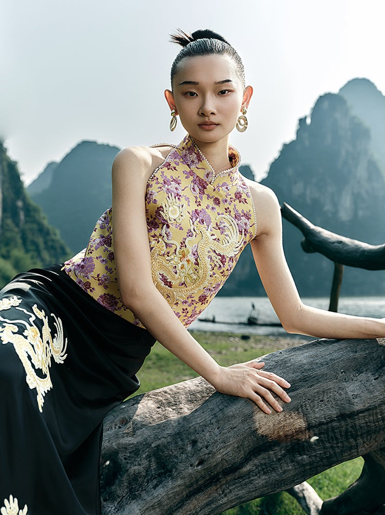 HECO Chinese Retro Style Embroidery Golden Dragon Stand-up Collar Vest Top  - QANT.