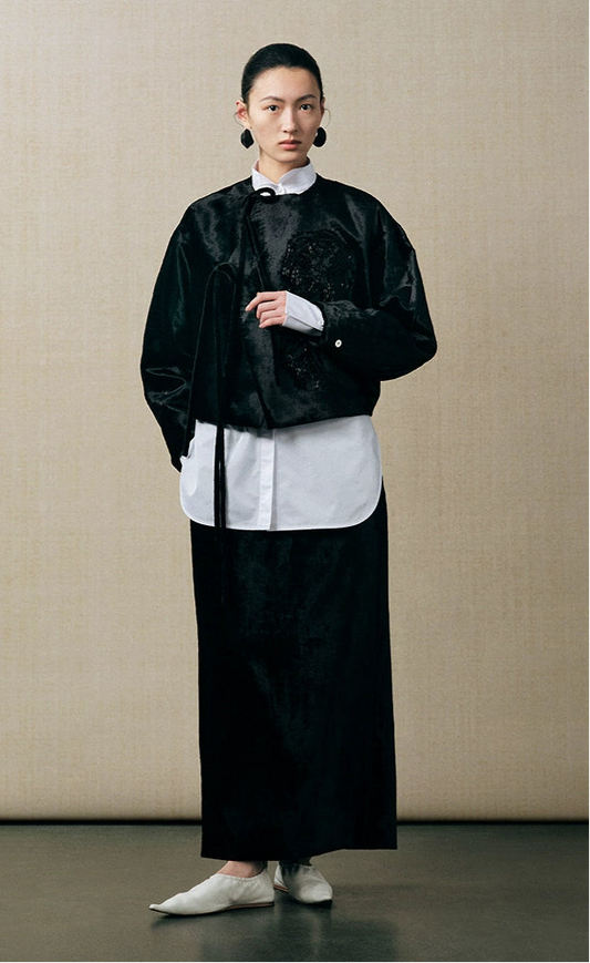 ZHUCHONGYUN cocoon-shaped organ mercerized satin back slit straight skirt-KENDRI.