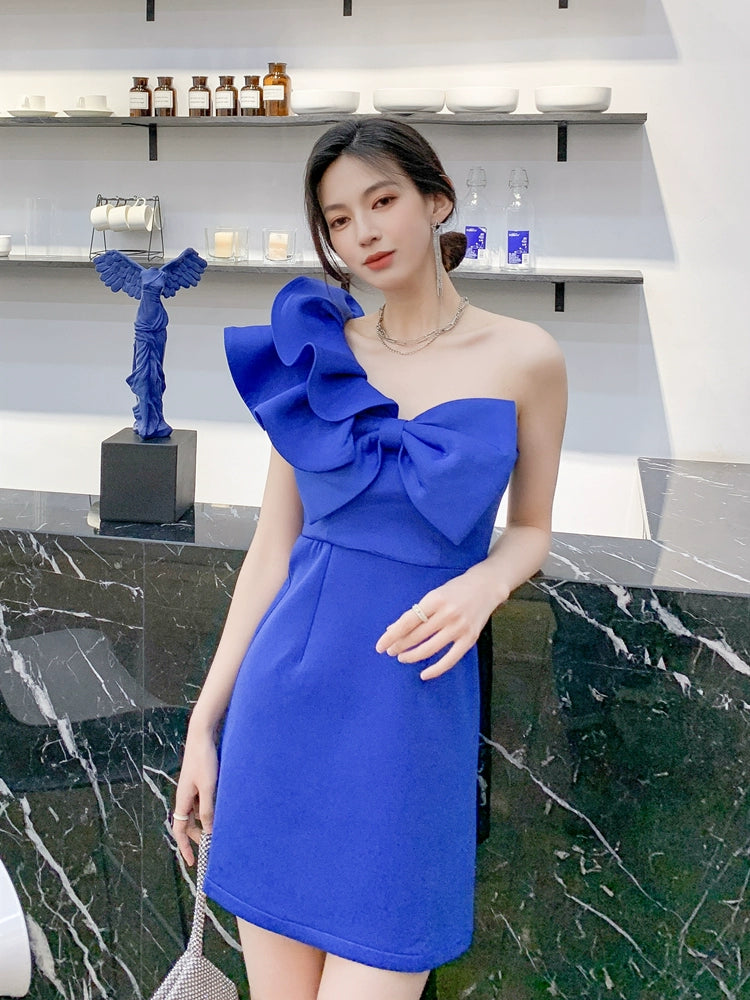 DOLLY Luxury Slant Collar Sleeveless Big Bow Ruffle Short Birthday Dress-MAYE