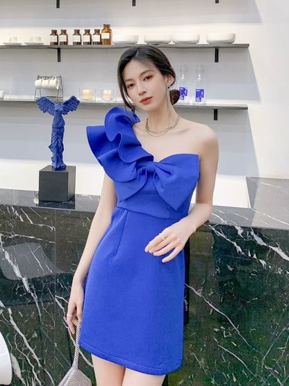 DOLLY Luxury Slant Collar Sleeveless Big Bow Ruffle Short Birthday Dress-MAYE