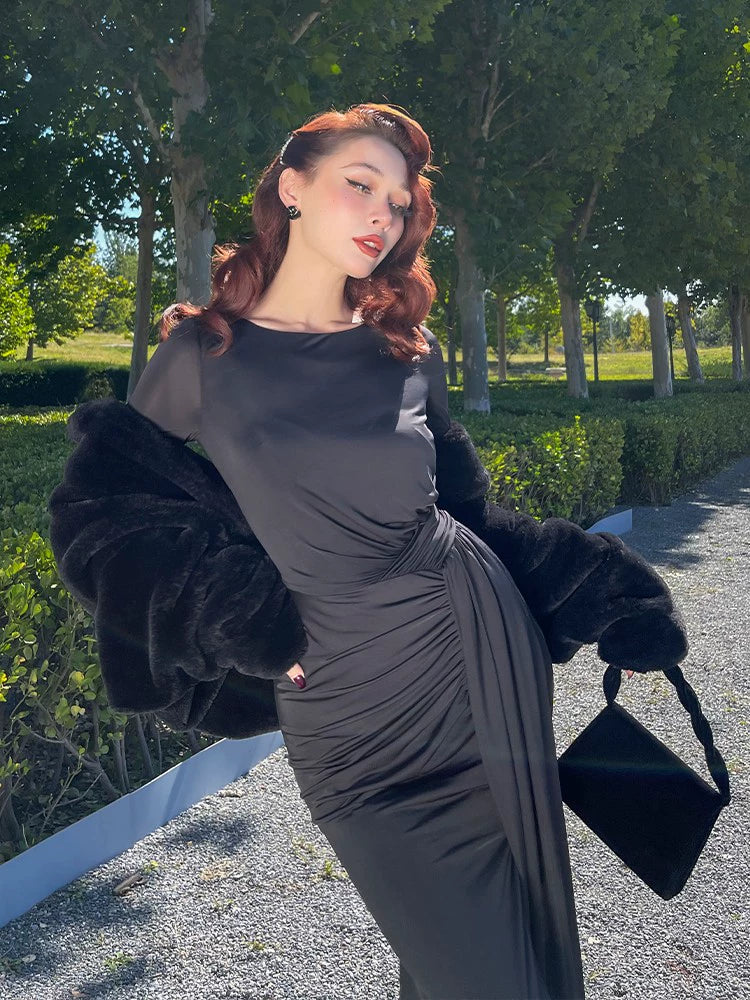 le palais  elegant black asymmetrical pleated high slit slim long dress-PEBBLE