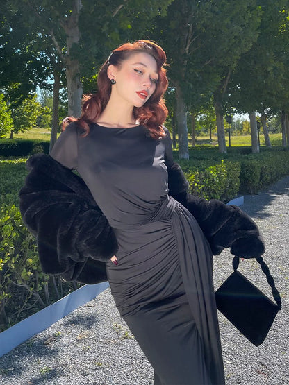 le palais  elegant black asymmetrical pleated high slit slim long dress-PEBBLE