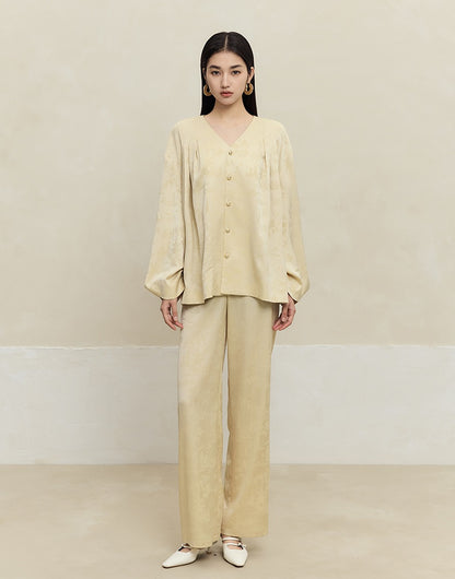 HECO Shan Ting Acetate Jacquard Suit Loose black yellow Top Pants Women - favour.