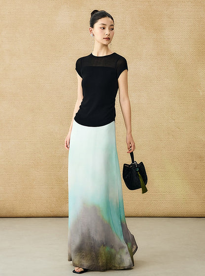 HECO Chinese style slightly transparent round neck knitted short sleeve T-shirt -BING.