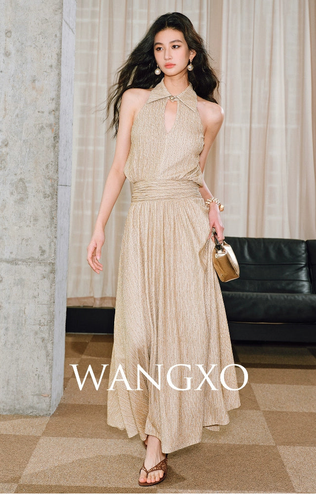 WANGXO | Extravagant Sparkling Meteor Diamond  Metallic Striped Umbrella Hem Sleeveless Dress -ZIVI