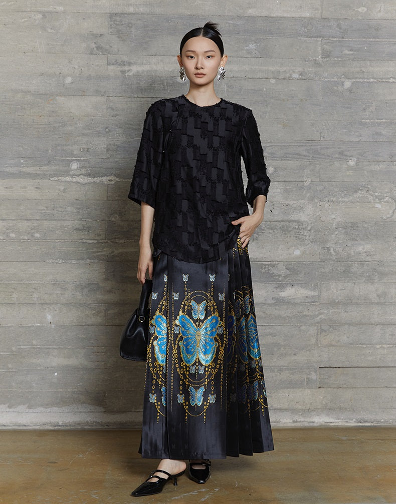 HECO Round Neck Square Tassel Design Texture Shirt Top Women - reign.