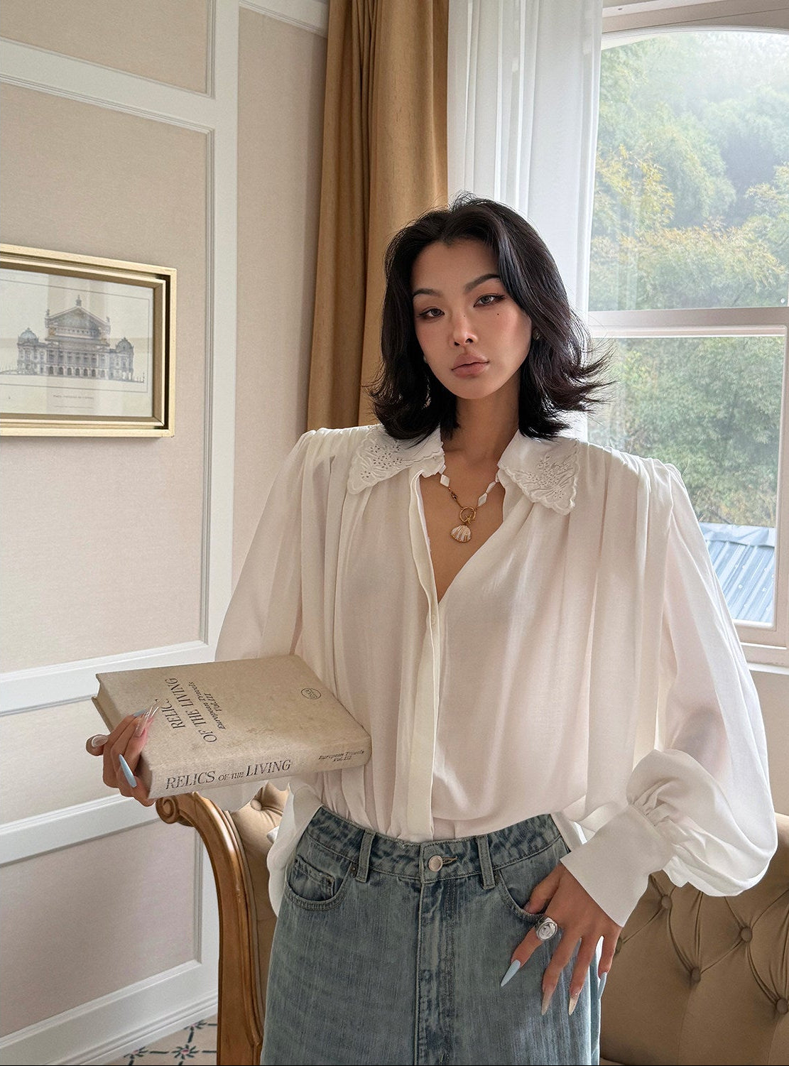 MEI SANGUAN  Embroidered Lantern Sleeve Shirt Retro Top - CARTER