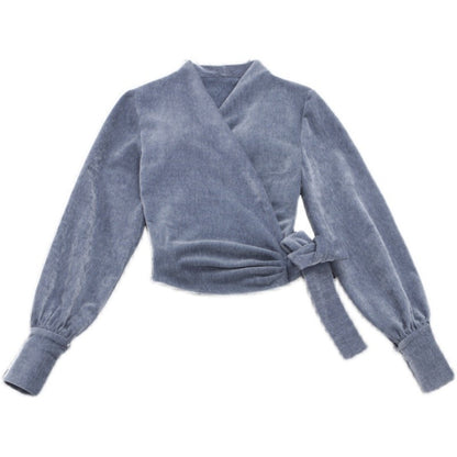 Le Palais Vintage Elegant long sleeves  V-neck matte velvet dinner wrap top-Maryann.