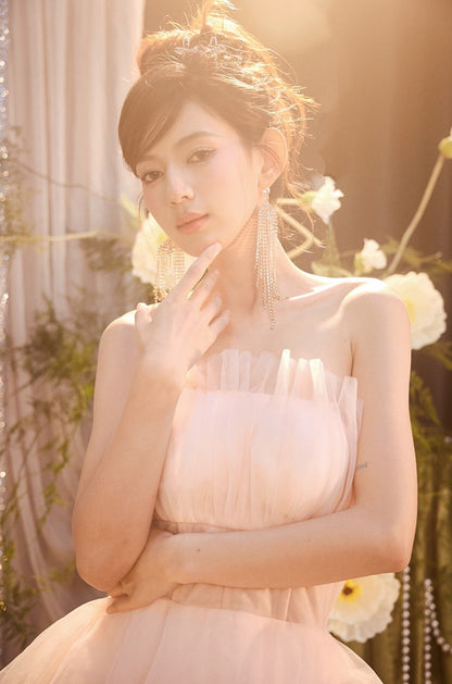 DOLLY Luxury Peach Pink French Style Tube Top Sleeveless High Waist Prom Dress-PEACHES