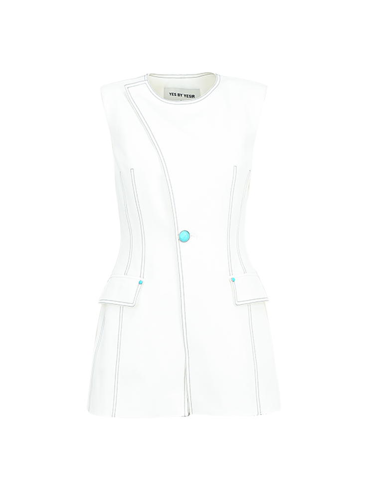 YES BY YESIR | Topstitched Denim Vest and Pant Suit Set - CYANNE.